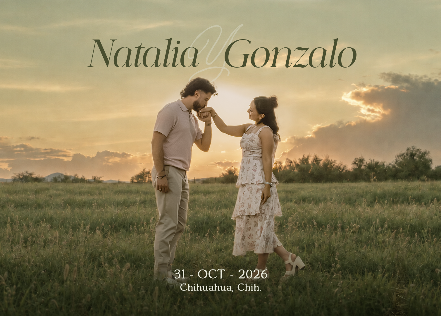 Natalia y Gonzalo en un campo al atardecer